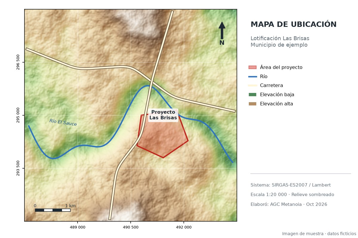 Mapa de ubicación de un proyecto con relieve, río, carreteras y polígono del terreno
