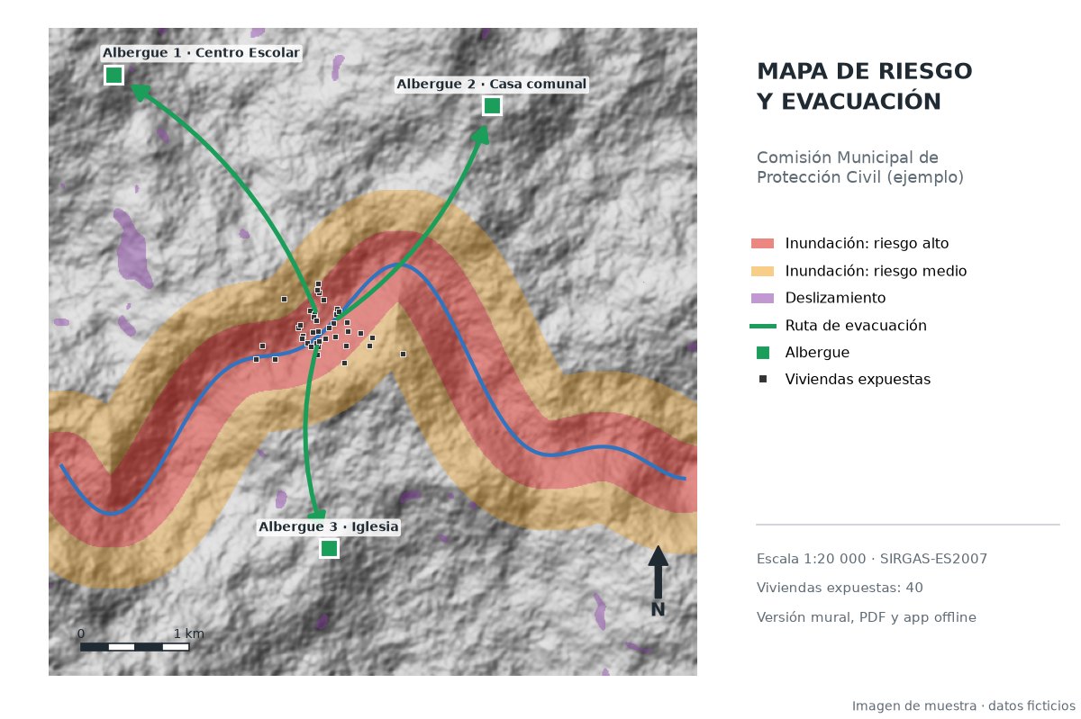 Mapa de zonas de riesgo de inundación y deslizamiento con rutas de evacuación a albergues