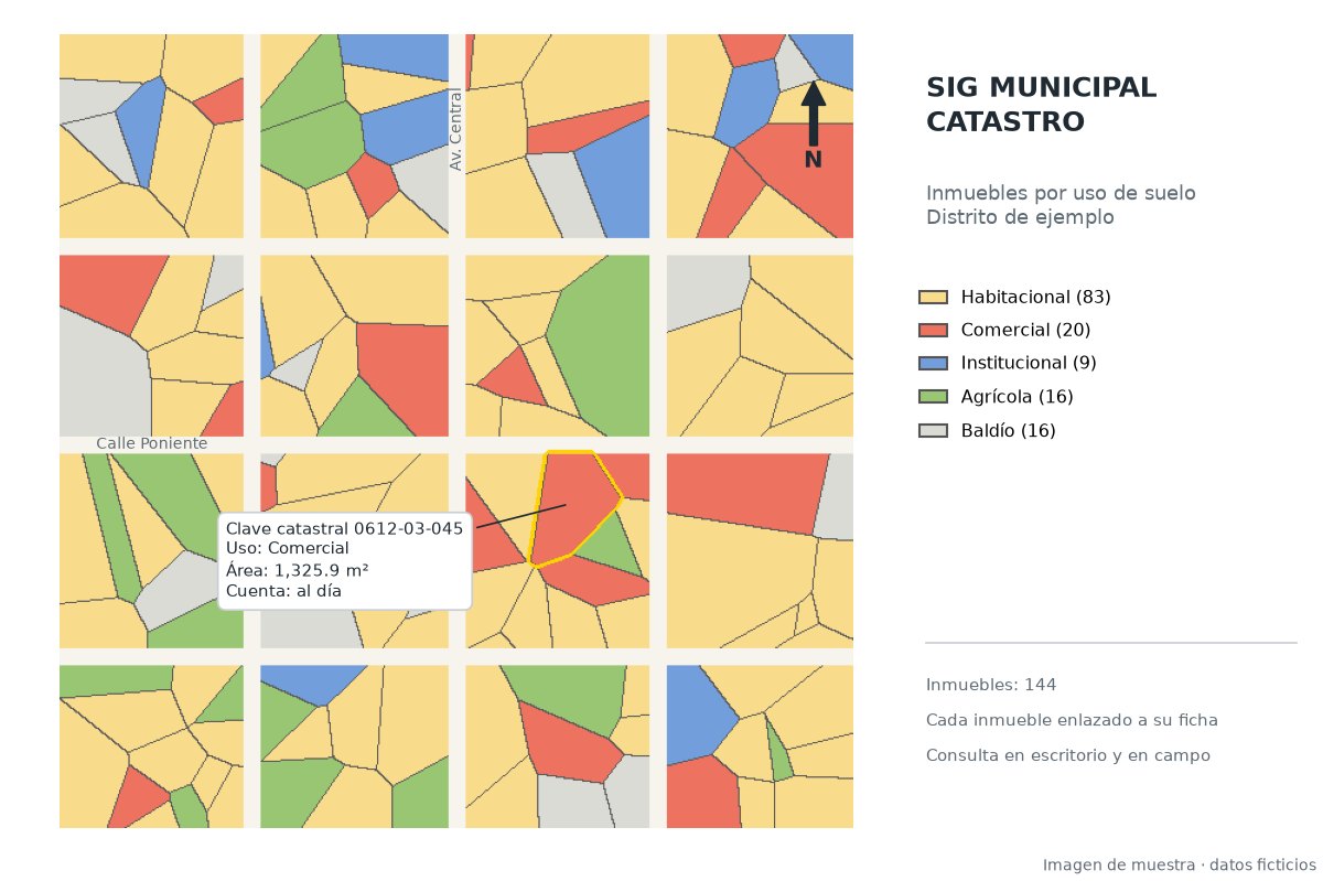 Mapa catastral de inmuebles por uso de suelo con la ficha de un inmueble